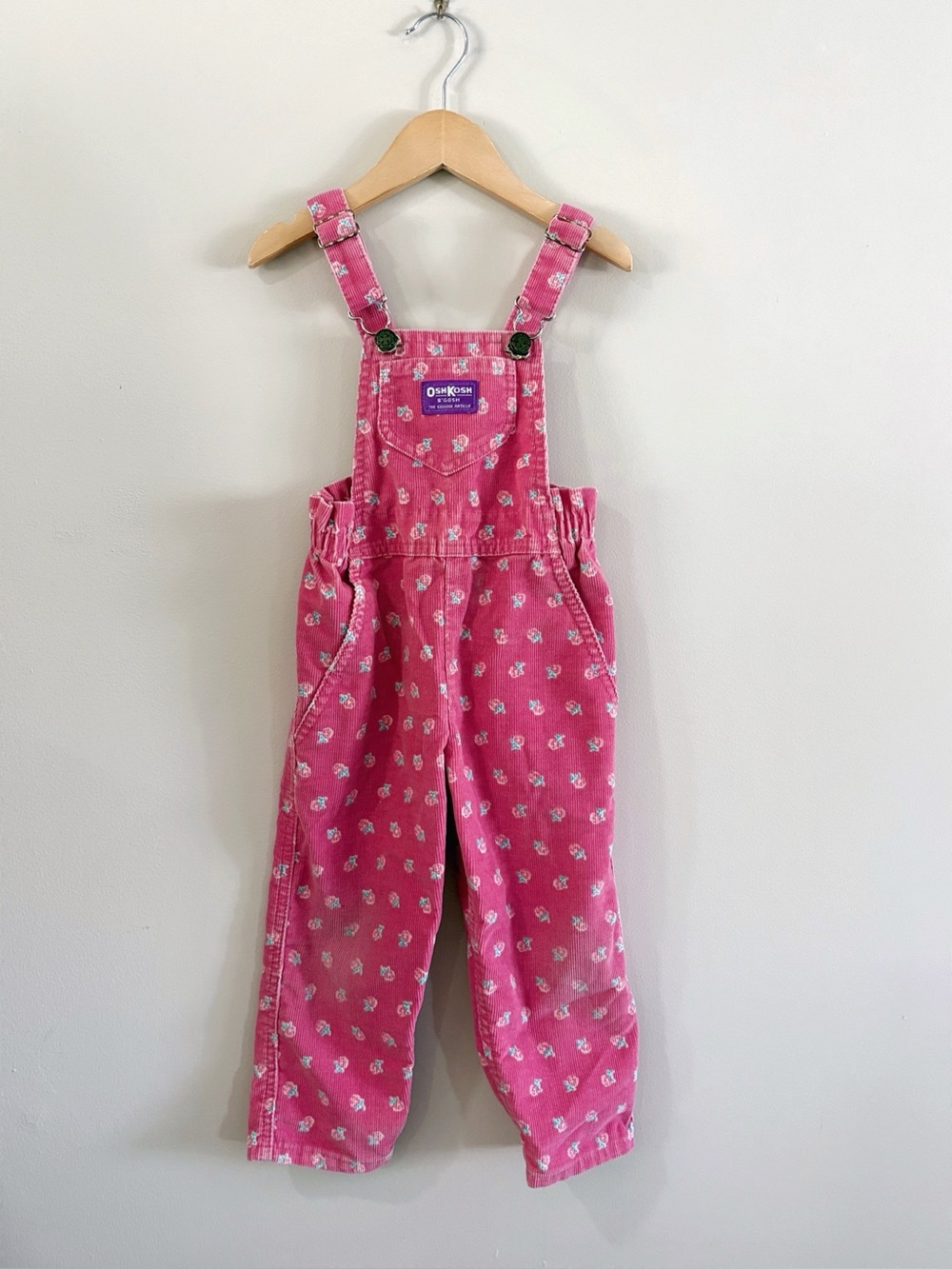 OshKosh B'gosh Vintage Girls Pink Floral Corduroy Overalls Sz 4 Cottage Kidcore
